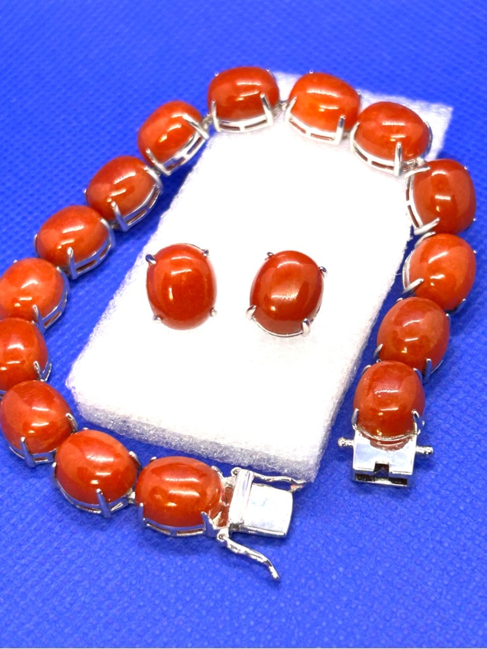 Red Jade Cabochon Tennis Bracelet and Matching Earrings